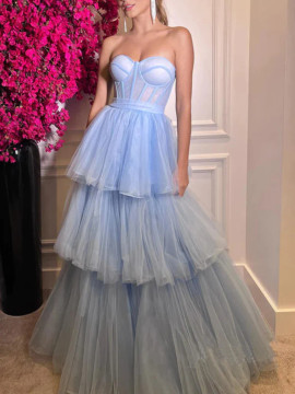 Shop 2023 ANNAKOO Blue Strapless Ruffles Tulle A Line Formal Prom Dress Under 178