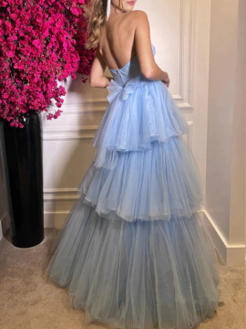 Shop 2023 ANNAKOO Blue Strapless Ruffles Tulle A Line Formal Prom Dress Under 178