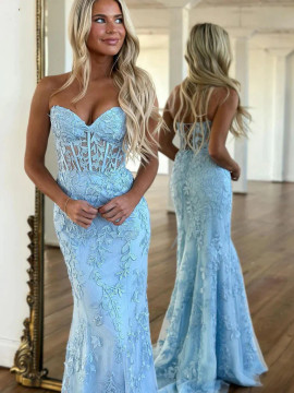 Shop 2023 ANNAKOO Blue Lace Trumpet Mermaid Lace Up Prom Dress Under 178