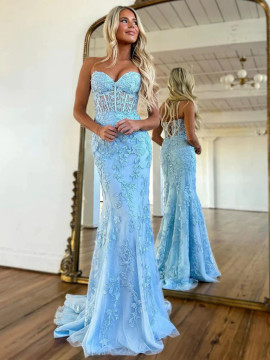 Shop 2023 ANNAKOO Blue Lace Trumpet Mermaid Lace Up Prom Dress Under 178