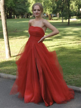 Shop 2023 ANNAKOO Red Tulle A LIine Strapless Formal Prom Dress With Slit Under 129