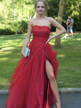 Shop 2023 ANNAKOO Red Tulle A LIine Strapless Formal Prom Dress With Slit Under 129