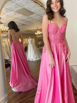 Shop 2023 ANNAKOO A Line V Neck Backless Hot Pink Lace Long Prom Dress Under 168