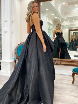 Shop 2023 ANNAKOO Appliques Satin Sweetheart High Low Black Long Prom Dress Under 168