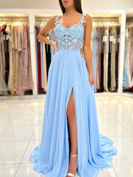 Shop 2023 ANNAKOO Blue Straps See Through Appliques Chiffon Prom Dress With Slit Under 150