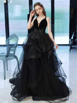 Shop 2023 ANNAKOO  V Neck Open Back Black Tulle Ruffles Long Prom Dress Under 158