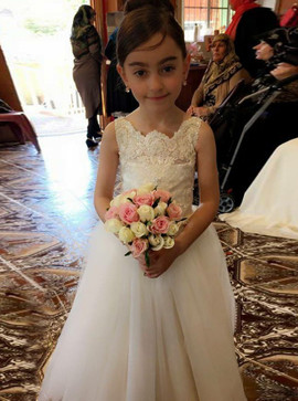  Bateau Cap Sleeves Long White Tulle Flower Girl Dress 