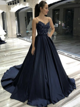 Shop 2023 ANNAKOO A Line V Neck Beading Satin Black Lace Long Prom Dress under 159