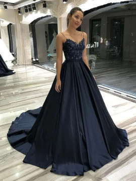 Shop 2023 ANNAKOO A Line V Neck Beading Satin Black Lace Long Prom Dress under 159