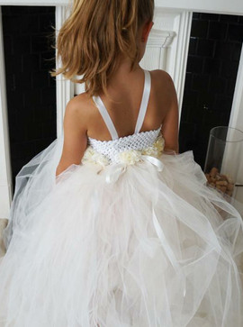 Ball Gown Lace Flowers V-Neck White Tulle Flower Girl Dress