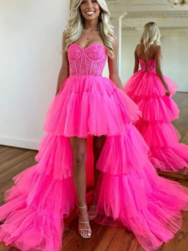 Shop 2023 ANNAKOO Pink High Low Lace Up Ruffles Tulle Prom Dress Under 169
