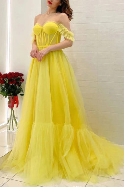 Shop 2023 ANNAKOO Off Shoulder Yellow Tulle Long A Line Layers Prom Dress Under 165