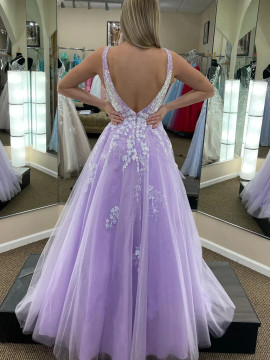 Shop 2023 ANNAKOO V Neck Open Back Purple Tulle  Appliques Long Prom Dress Under 178