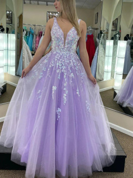 Shop 2023 ANNAKOO V Neck Open Back Purple Tulle  Appliques Long Prom Dress Under 178