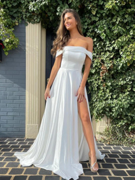 Shop 2023 Annakoo Off Shoulder White Satin Long Prom Dress With Slit Under 139