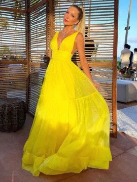 Shop 2023 ANNAKOO A Line V Neck Yellow Elegant Tulle Long Prom Dress under 145