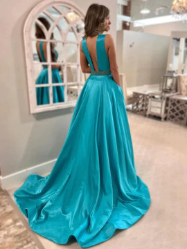 A Line V Neck Aqua Satin Long Beading Prom Dress With Belt
