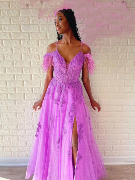 Shop 2023 ANNAKOO  Off Shoulder Purple Feather Long Prom Dress with High Slit Under 168