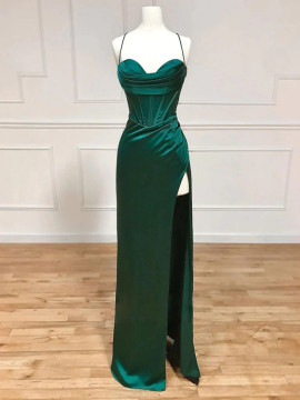 Shop 2023 ANNAKOO Sweetheart Green Satin Long Mermaid Slit Prom Dress Under 159