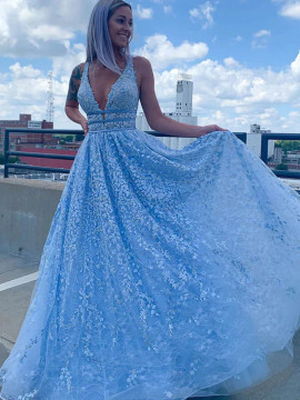 Shop ANNAKOO 2023 Blue V Neck Beading Lace A Line Backless Lace Prom Dress Under 185