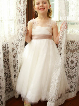 Square White Sash Appliques Lace Tulle Flower Girl Dress
