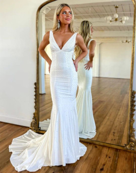 Shop 2023 ANNAKOO Mermaid Deep V Neck Beadign White Court Train Prom Dress Under 168