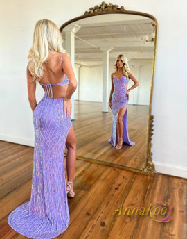 Shop 2023 ANNAKOO Sparkle Straps Open Back Long Purple Sequin Prom Dress With Slit Under 148