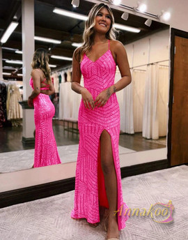 Shop 2023 ANNAKOO Orange Sheath Column Sequin Long Glitter Prom Dress With Slit Under 158
