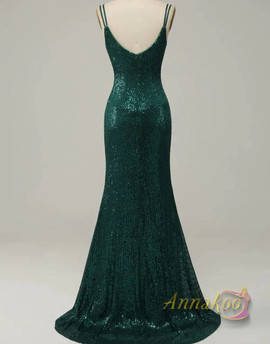 Shop 2023 ANNAKOO Dark Green Spaghetti Straps Glitter Sequin Prom Dress With Split Under 139