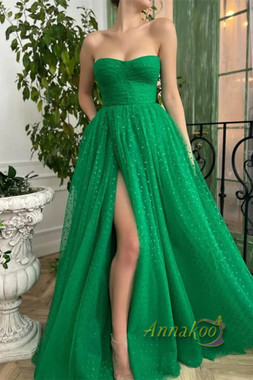 Shop 2023 ANNAKOO Strapless Green Tulle Long Prom Dress with High Slit Under 168