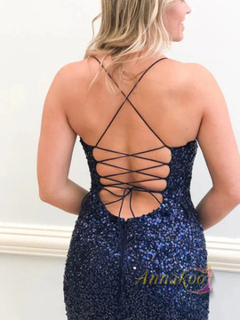 Shop 2023 ANNAKOO Backless Navy Blue Sequins Long Prom Dress with High Slit Under 139