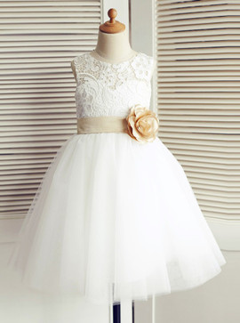 Lovely Jewel White Flower Girl Dress with Flower Bow