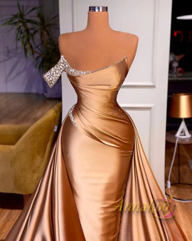Shop 2023 ANNAKOO Champagne Gold Satin One Shoulder Beading Prom Dress Under 145