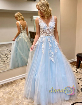 Shop 2023 ANNAKOO Floral V Neck Tulle Sheer Blue A Line Prom Dress Under 154