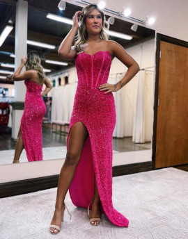 Shop 2023 ANNAKOO  Sequin Strapless Fuchsia Glitter Prom Dress With Split Under 139