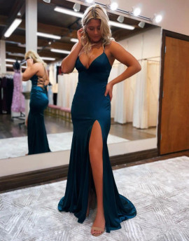 Shop 2023 ANNAKOO Elastic Satin Spaghetti Straps Blue Prom Dress With Split Under 133