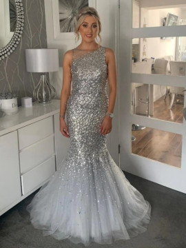 Shop 2023 ANNAKOO Trumpet Mermaid Sequin Silver Beading Tulle Prom Dress Under 235