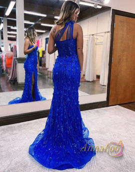 Shop 2023 ANNAKOO Mermaid Blue Flower One Shoulder Prom Dress With Split Under 169