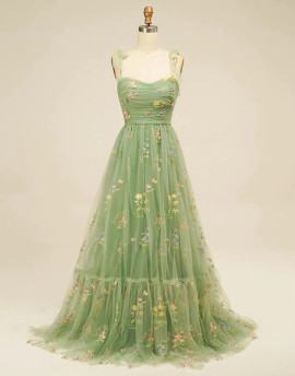 Shop 2023 ANNAKOO Green Straps Embroidery Tulle A Line Prom Dress Under 158