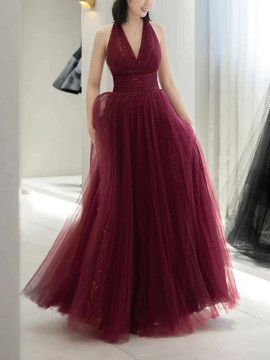 Shop 2023 ANNAKOO V Neck Backless Burgundy Backless Tulle Long Prom Dress Under 139