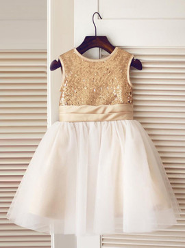Champagne Sequins Bow Jewel White Flower Girl Dress