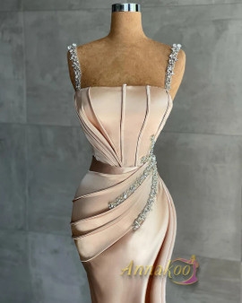 Shop 2023 ANNAKOO Straps Beading Champagne Satin Mermaid Prom Dress Under 168