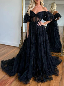 Shop 2023 ANNAKOO Off Shoulder Black Lace Puffy Sleeve Prom Dress Under 1