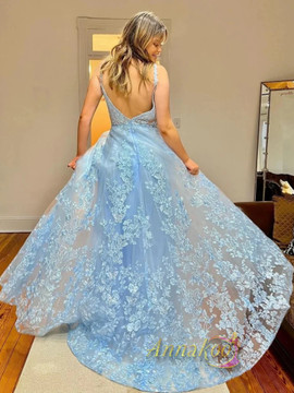 Shop 2023 ANNAKOO V Neck Light Blue Lace A Line Long Prom Dress Under 176