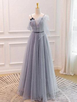 Shop 2023 ANNAKOO V Neck Open Back Gray Tulle Bow Long Prom Dress Under 167