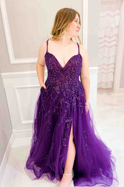 Shop 2023 ANNAKOO Grape A-line V Neck Applique Sequins Prom Dress With Pocket     