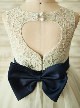 Simple Ivory Jewel Open Back Flower Girl Dress with Bow