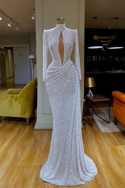 Shop 2023 ANNAKOO Long Sleeve High Neck Keyhole Sequin White Prom Dress Under 198