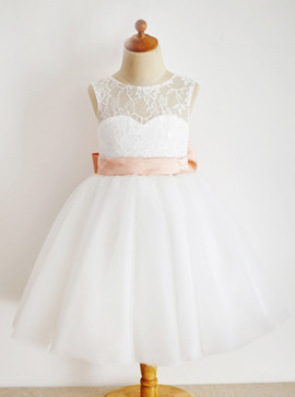 Simple Jewel White Flower Girl Dress with Lace Pink Bow