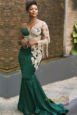Shop 2023 ANNAKOO Green Beading Long Sleeve Mermaid Prom Dress Under 248